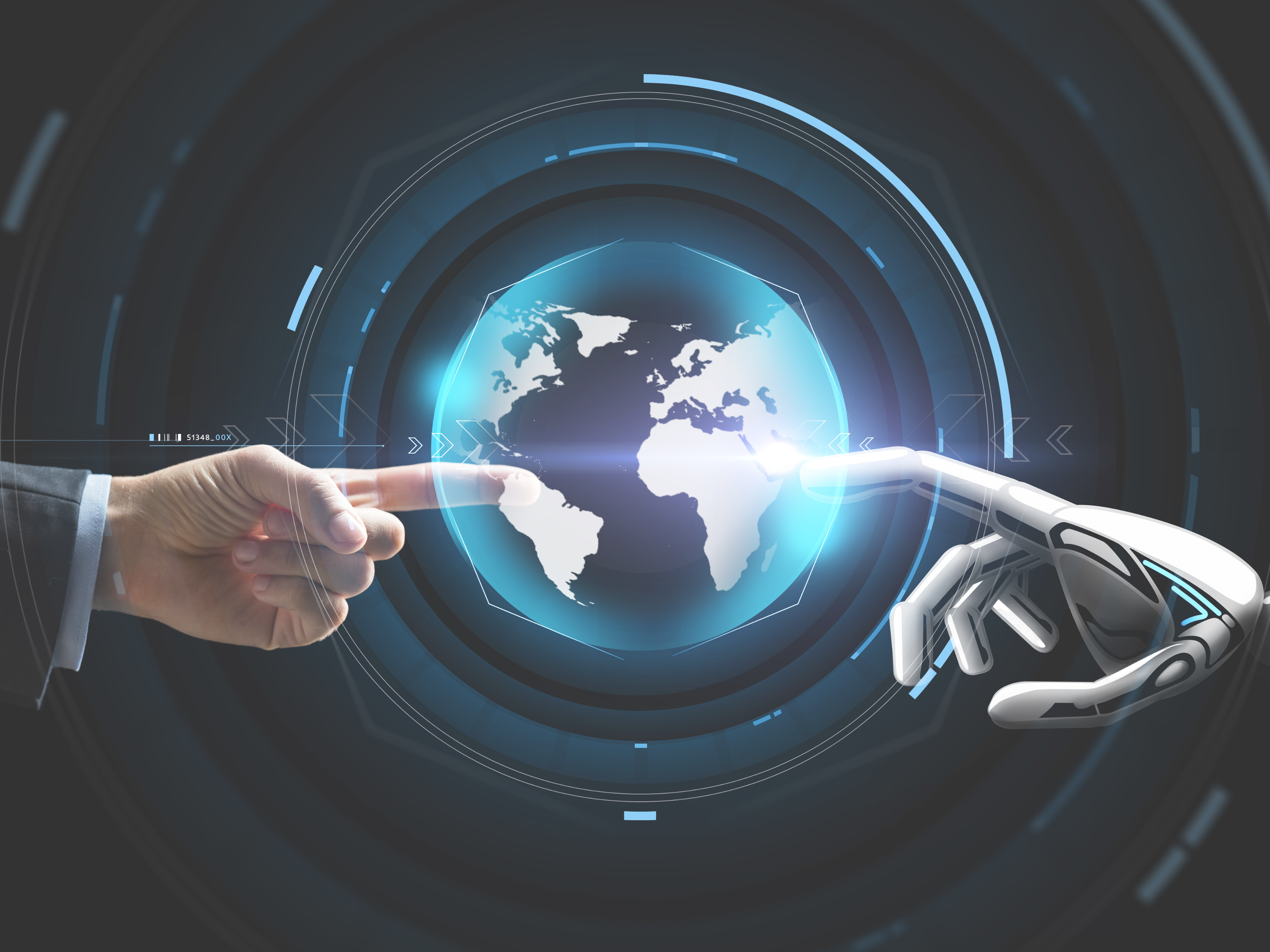 Illustration of a human and robotic hand reaching out to touch fingertips over a glowing Earth, symbolizing the integration of technology and humanity in a futuristic digital world.